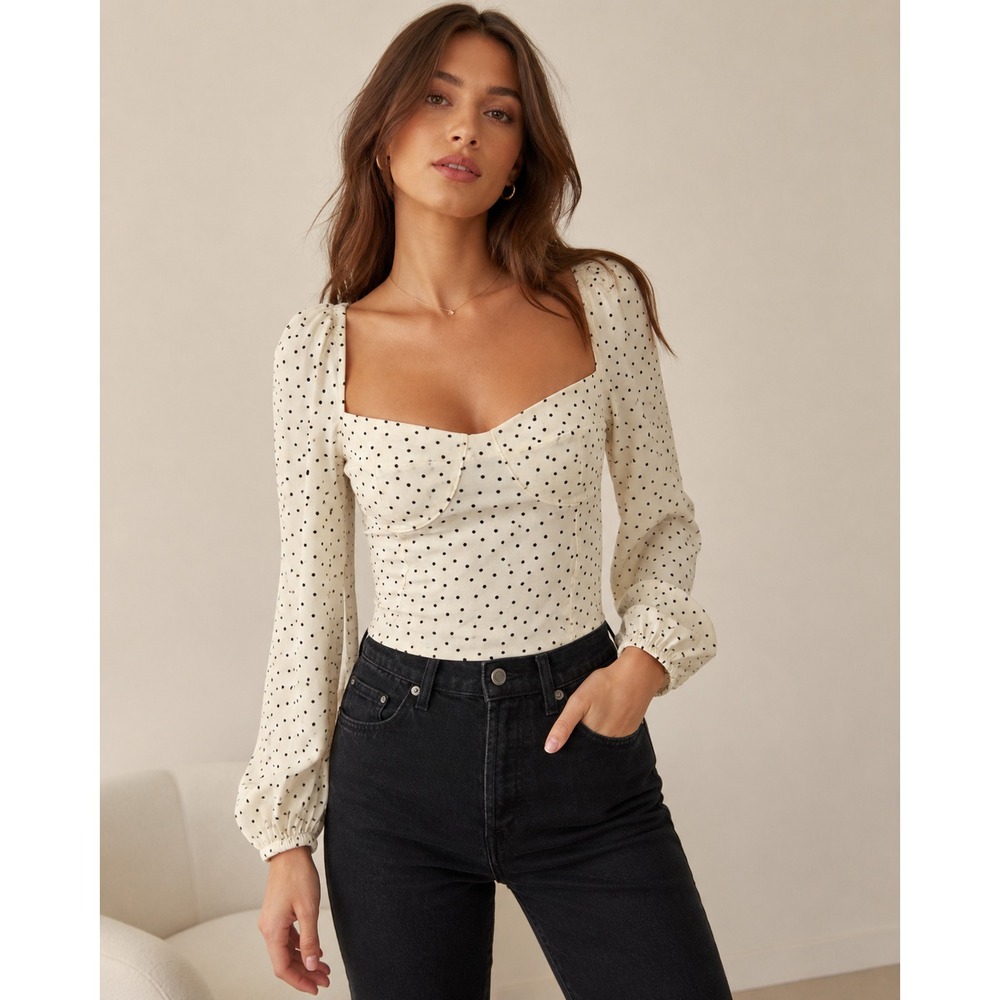 Reformation Reign Crop Top Off-White Black Polka Dot Sweetheart Neckline Size 10